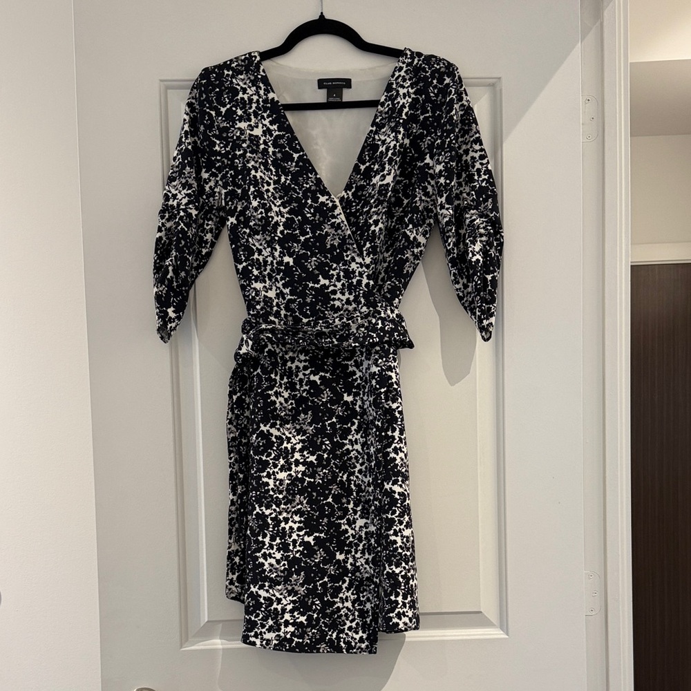 Club Monaco Black and White Wrap Dress with Ruched Sleeves